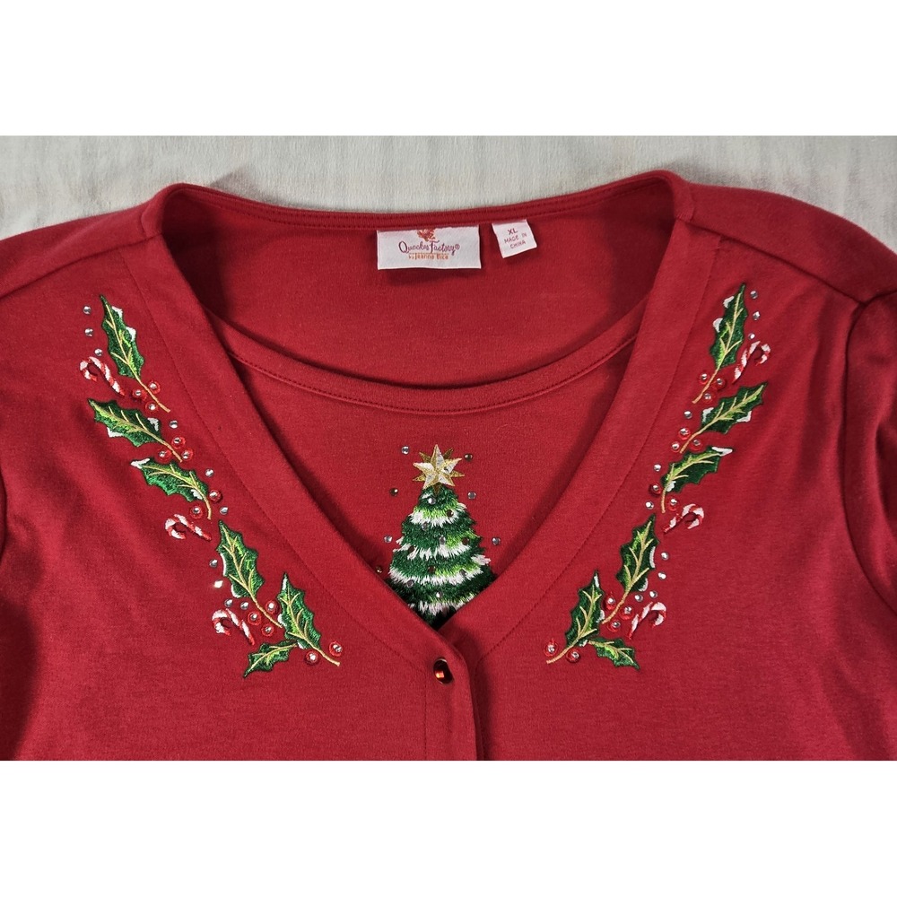 Quacker Factory Women's Holiday Joy V-Neck Cardigan Duet Tunic Top Red XL - Picture 2 of 16